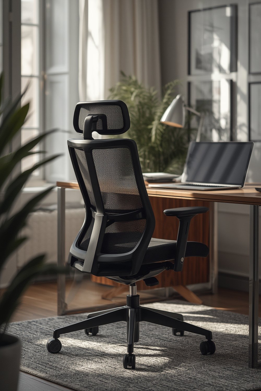 ergonomic chair in home office with mid-back support and mesh backrest