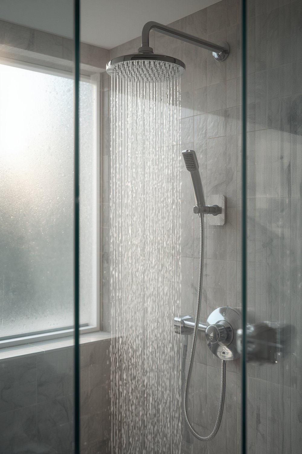 shower filter in polished chrome attached to bathroom fixtures