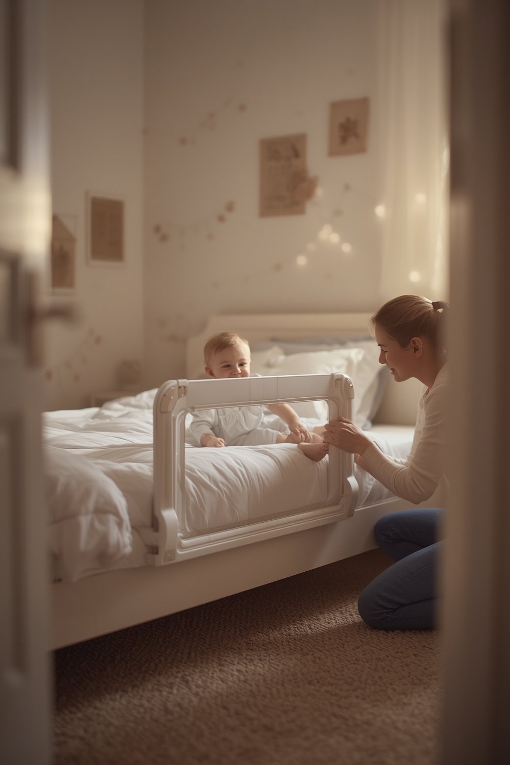 bed rail swing down Regalo installed on a queen mattress, showing sturdy frame and mesh panel for toddler safety