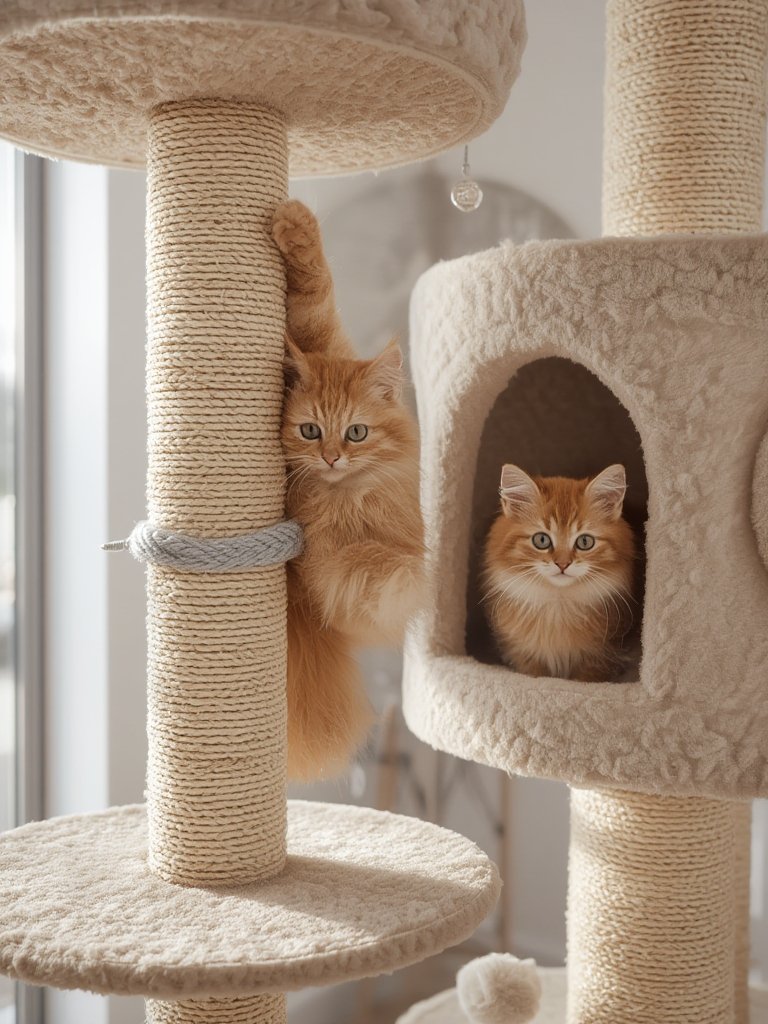 cat condo interior showing kittens resting in cozy cat house