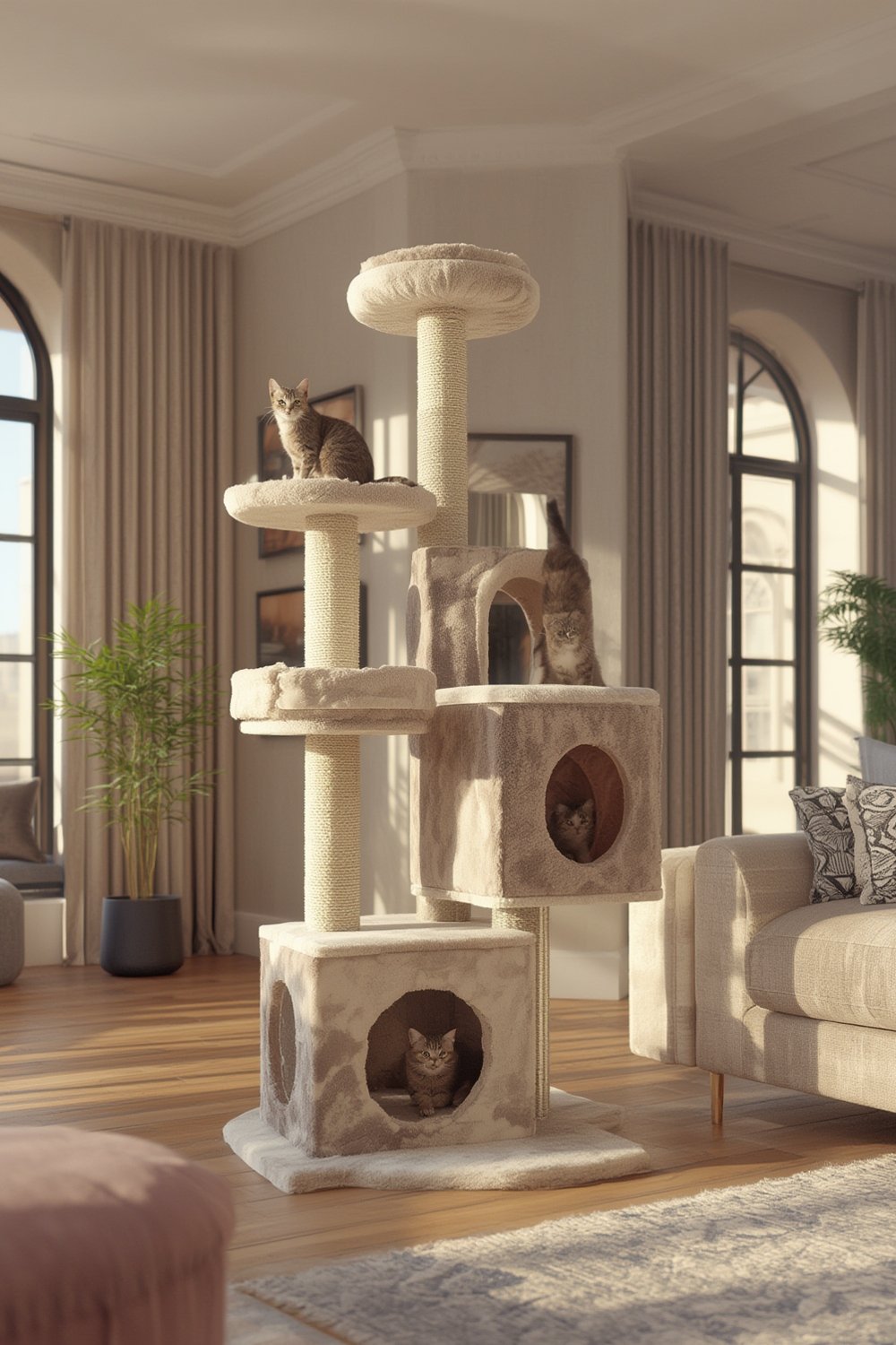 cat tree in living room, showing multi level cat trees used by playful kittens