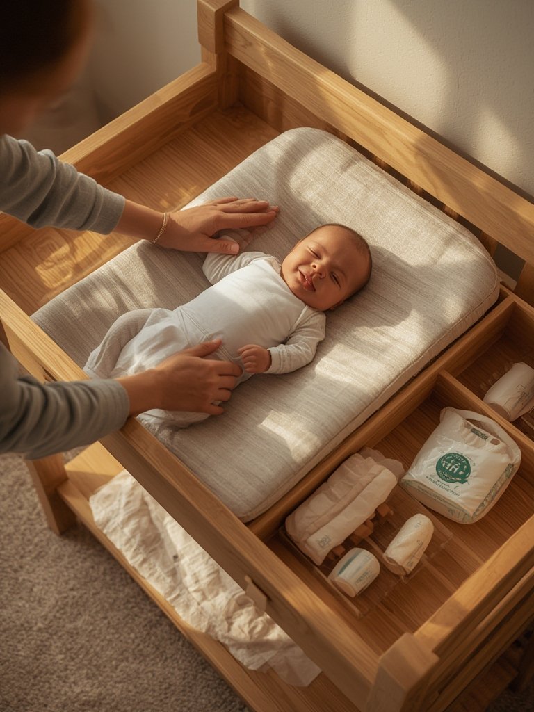 Close up of changing table details showing storage shelf