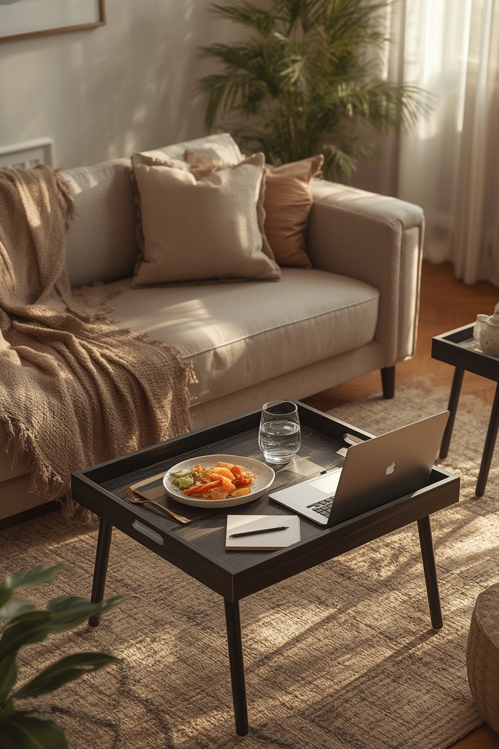 folding trays neatly stacked in storage rack in a living room setting