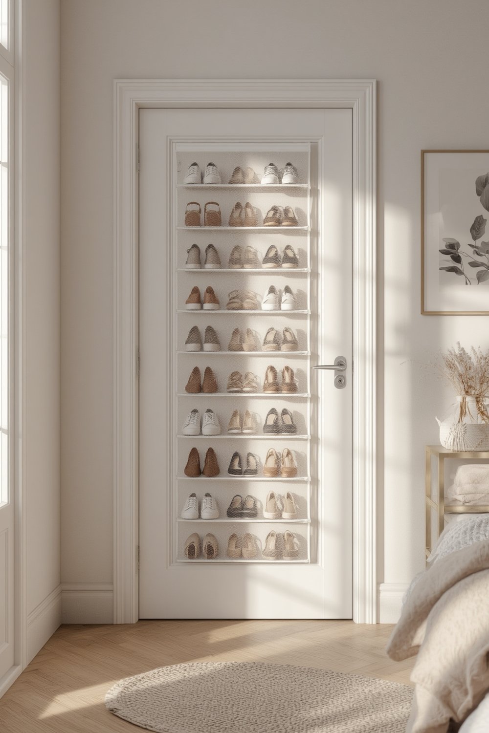 shoe organizer maximizing vertical storage on a bedroom door with multiple pairs neatly organized
