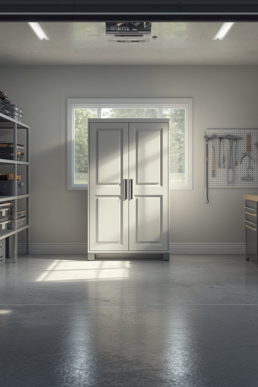 storage cabinet in gray with adjustable shelves and lockable doors