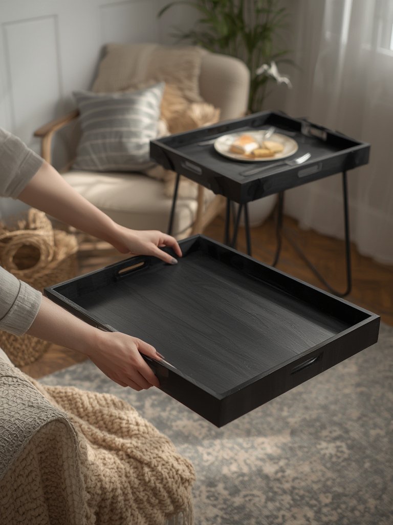 tv tray tables set up for dinner in a compact apartment living room