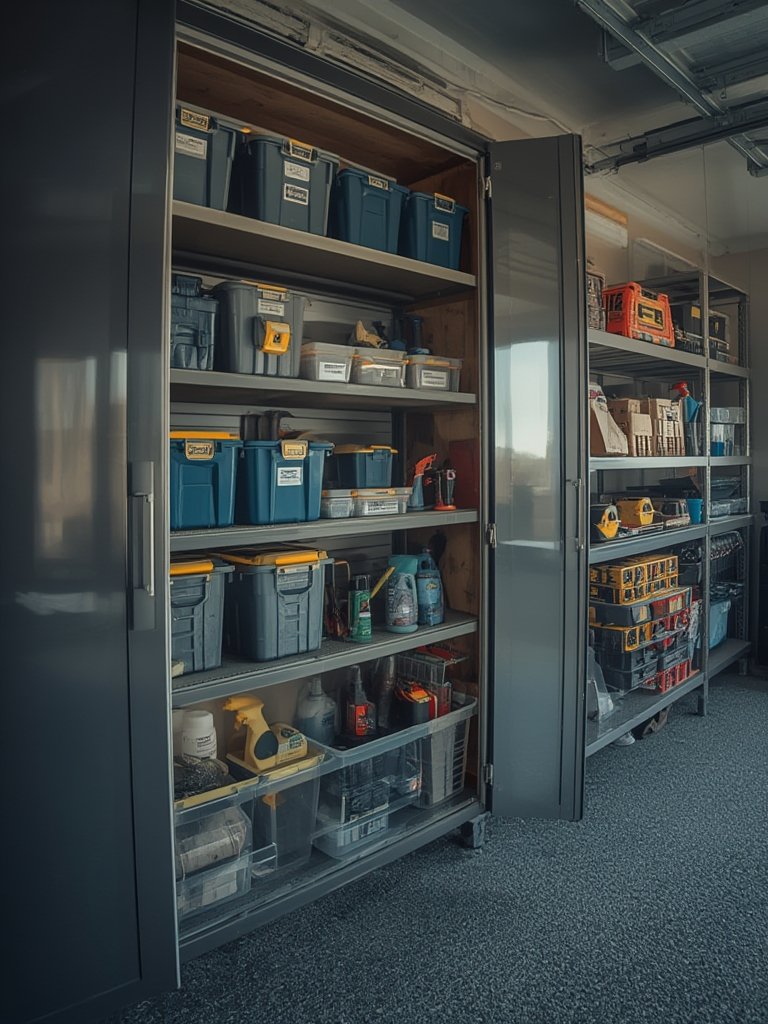 utility cabinet with adjustable plastic shelving in use