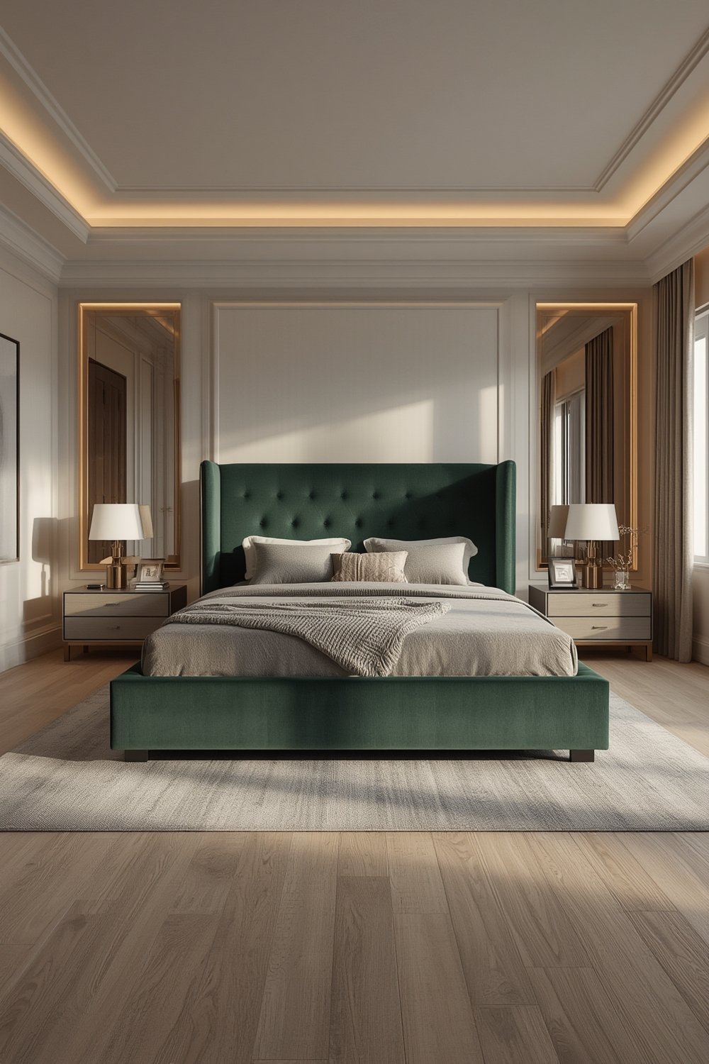 velvet bed with wingback headboard in a modern bedroom