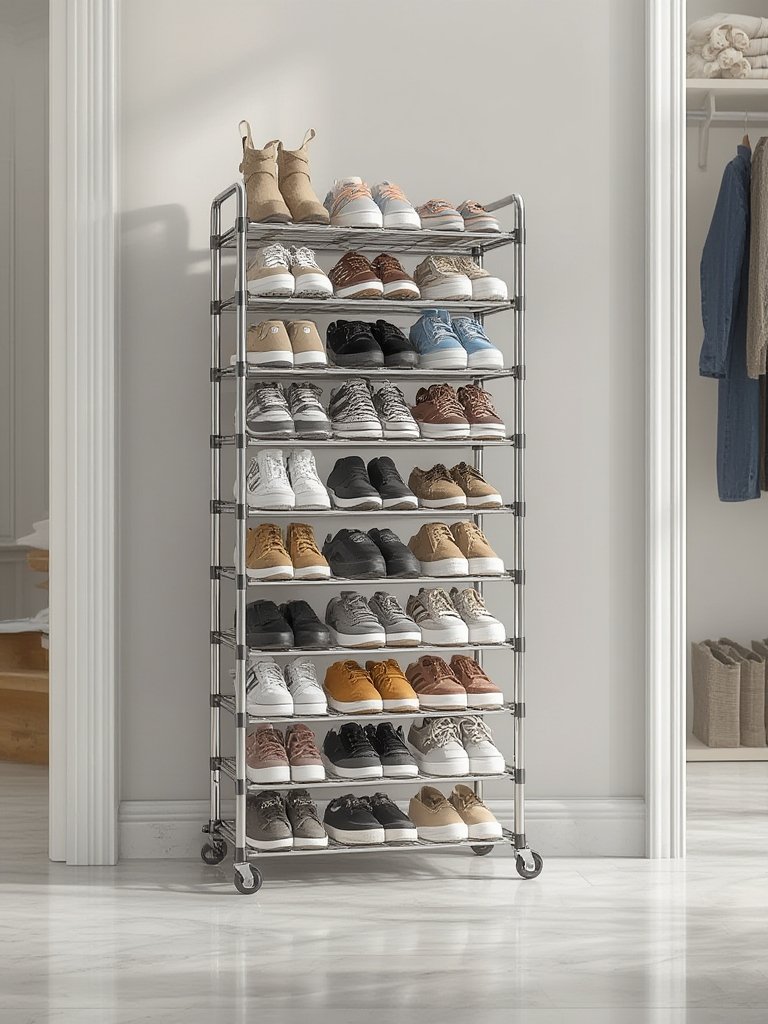 Close up of 50-pair shoe rack details