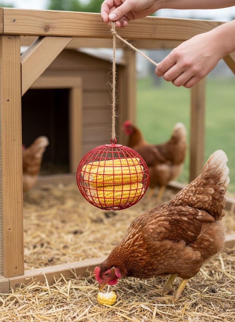 A collection of simple and effective boredom busters for hens, such as a treat ball, a small dust bath, and a low perch.