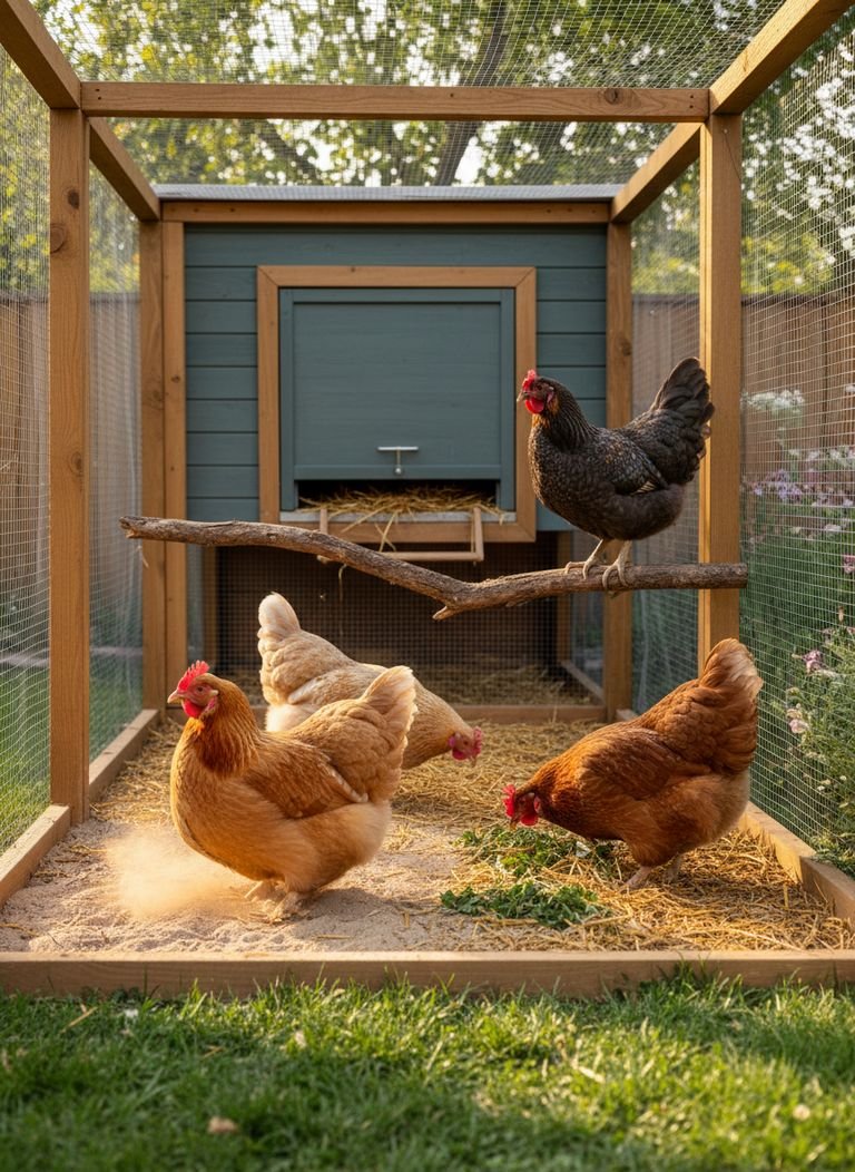 A chicken owner performing a gentle health check on one of her hens, in a clean and well-maintained coop.