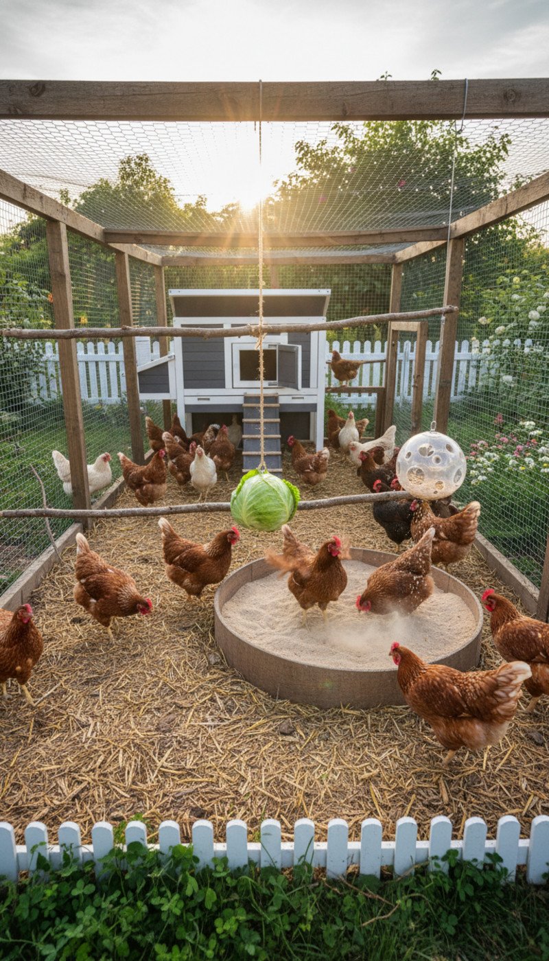 A happy chicken in a lush backyard environment, pecking at a hanging vegetable toy, illustrating backyard chicken enrichment.