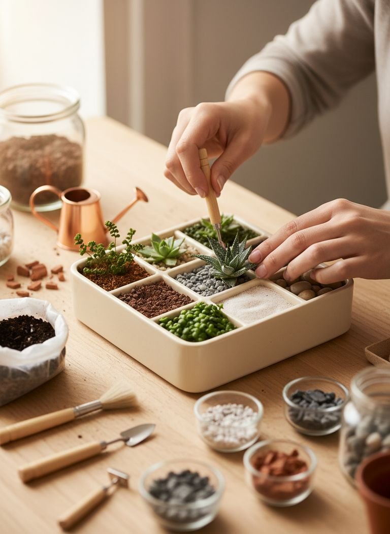 A close-up of different plant textures and colors in a composed container garden.