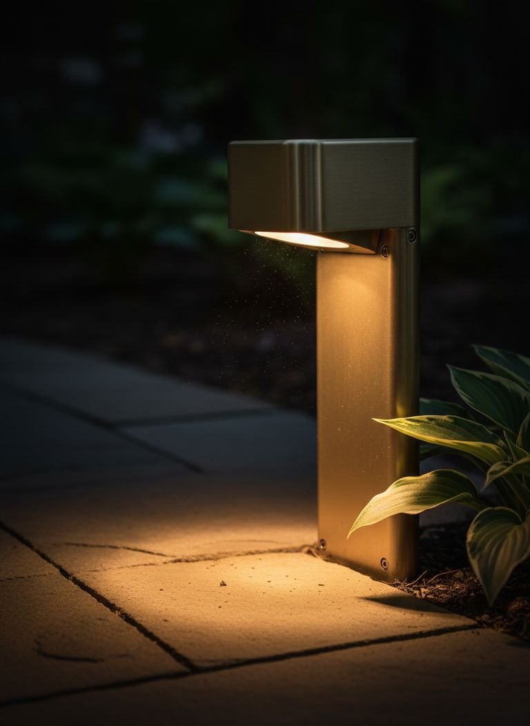 A close-up of a downward facing garden light with a warm 2700K glow.