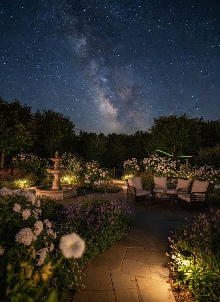 A beautifully lit backyard using Dark Sky Garden Lighting principles, showing safe pathways and starry sky.
