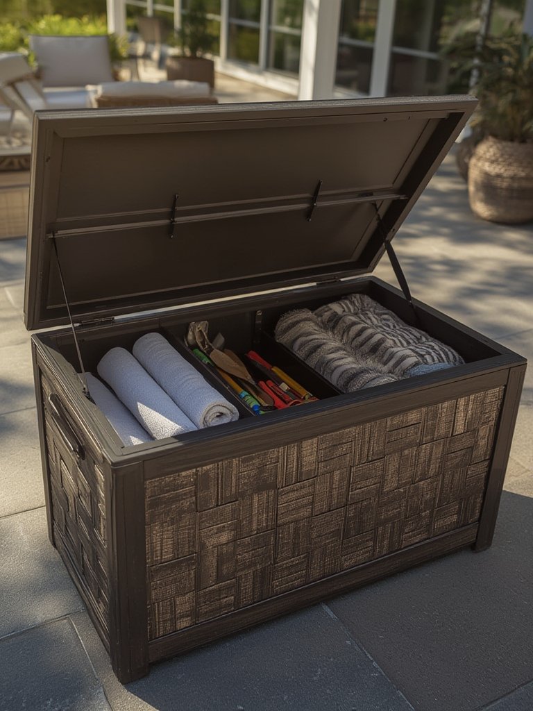 Close up of Deck Storage details showing the resin wood texture of the Keter box