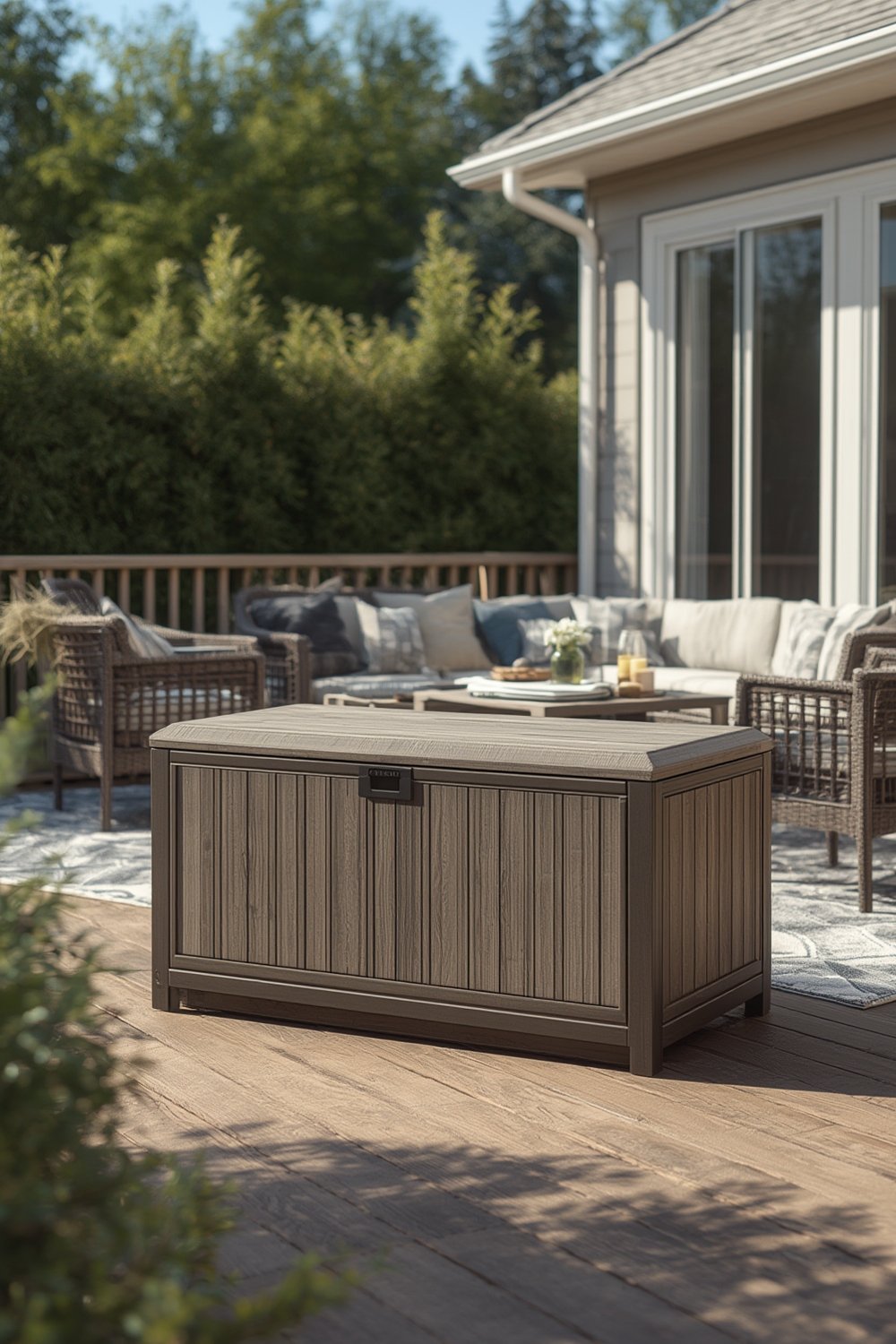 Deck Storage display of the Keter Westwood 150 Gallon box on a patio