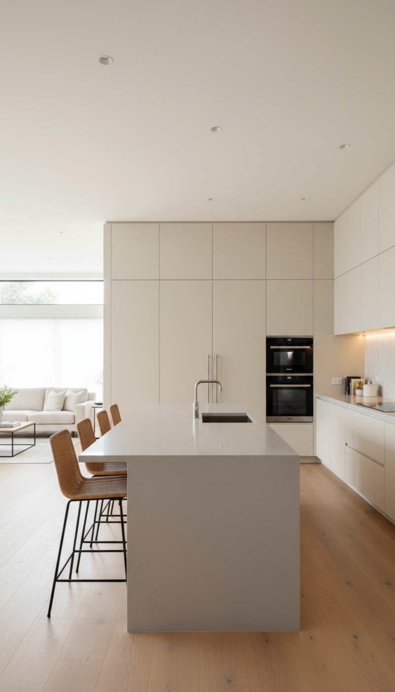 A seamless hidden pantry door integrated into a wall of dark wood kitchen cabinets.