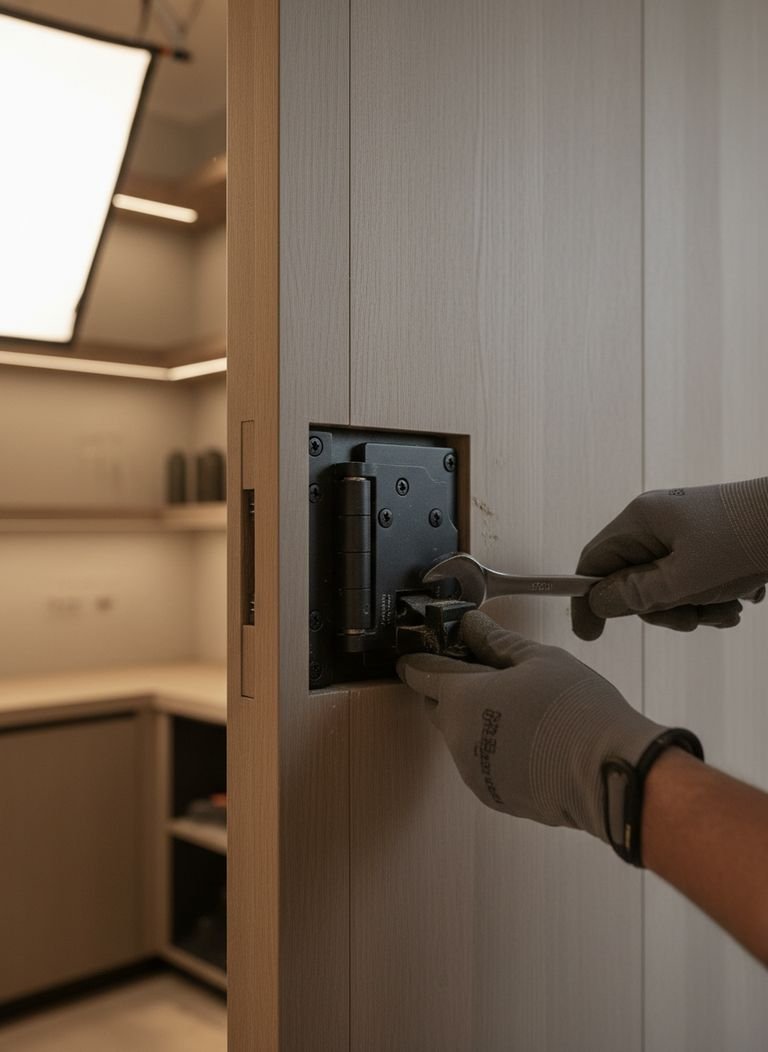 A diagram showing the right and wrong placement for a hidden pantry door swing in a kitchen.