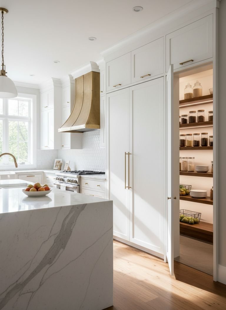 A close-up of a high-quality concealed hinge on a hidden pantry door, showing adjustment screws.