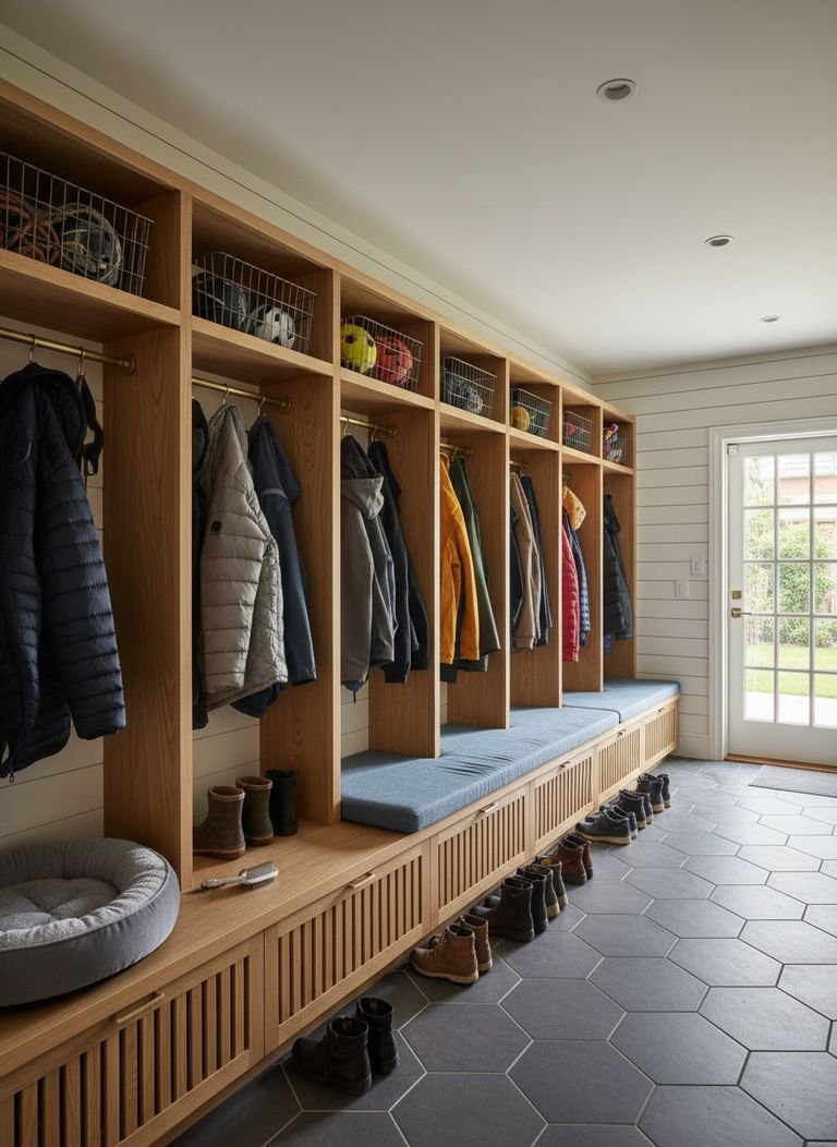 A detailed schematic of modular mudroom cubbies, showing dimensions for depth, width, and height.