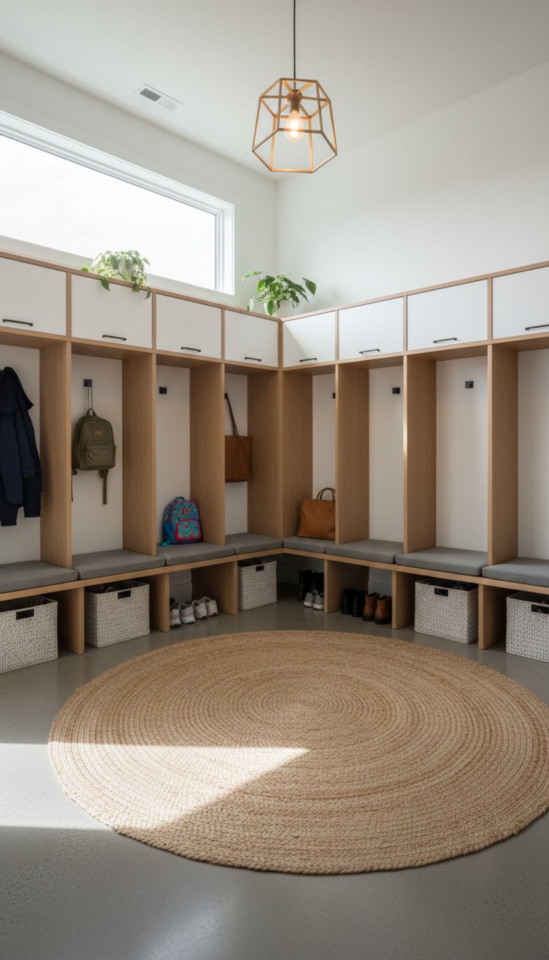 A well-organized entryway featuring modular mudroom cubbies with designated spaces for coats, bags, and shoes.