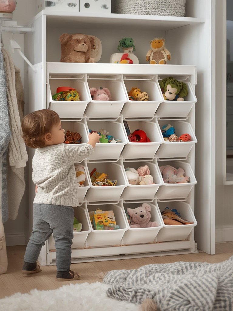 Close up of Toy Organizer details showing the bins and wood frame