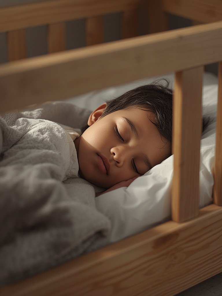 Close up details of the toddler bed with rails and steel grey finish