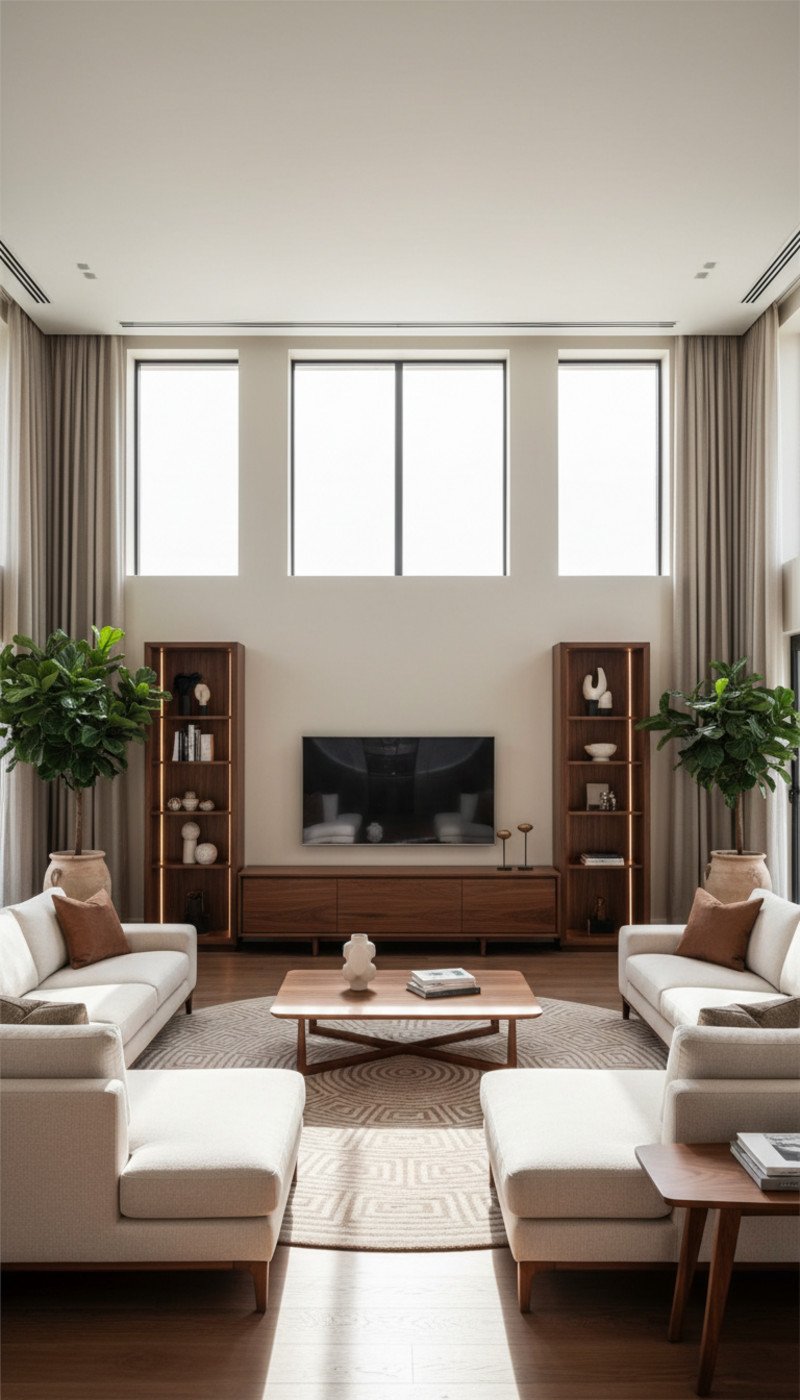 A sophisticated living room featuring a walnut coffee table and media console.