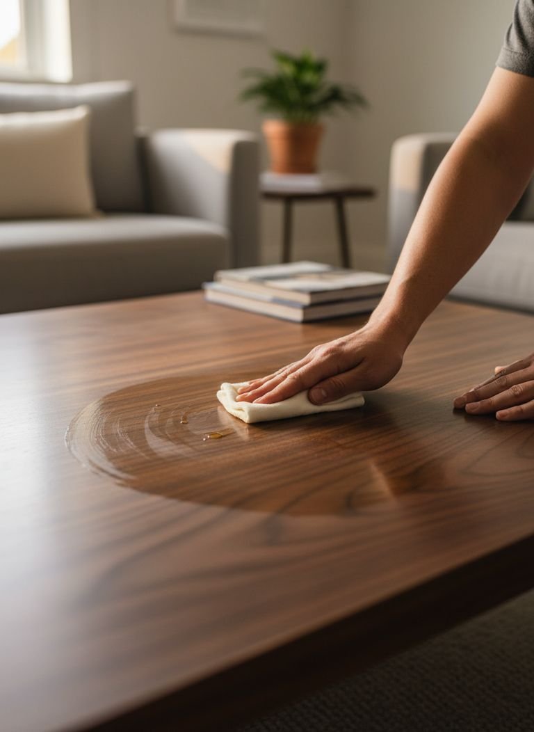 A modern living room with modular walnut shelving units and a sleek side table.