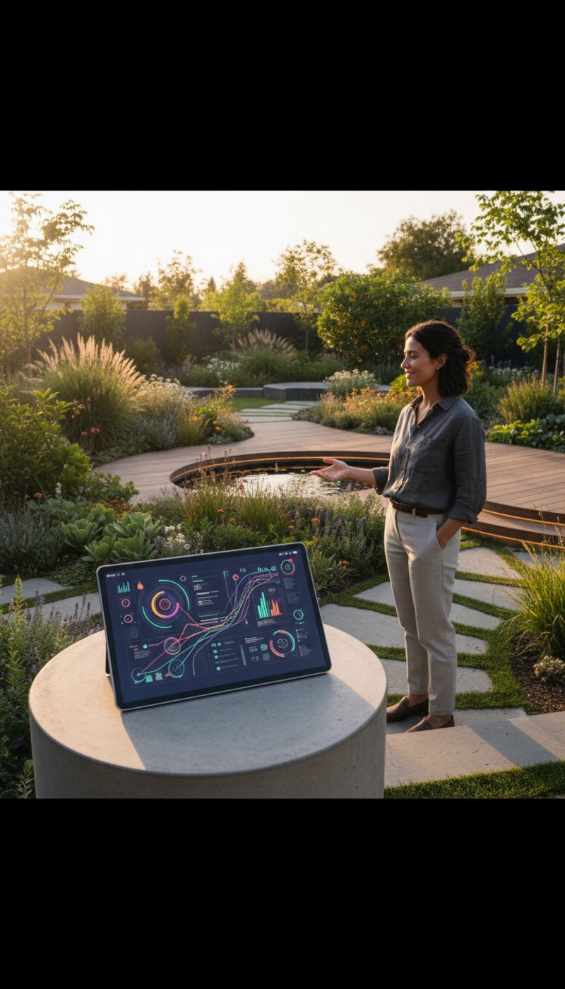 A tablet showing plant health data in a modern garden, representing an AI Garden Assistant.
