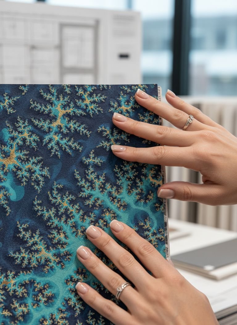 A close-up of a hand touching a roll of eco-friendly fractal pattern wallpaper.