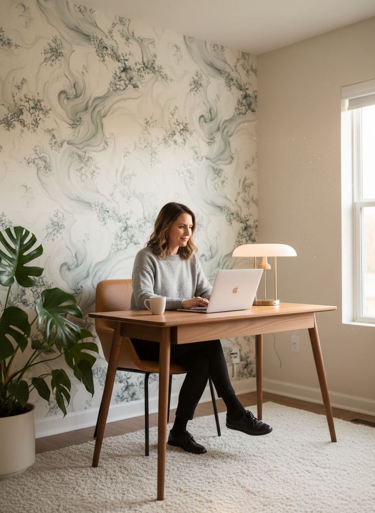 A home office designed with sustainable materials, featuring fractal pattern wallpaper and live plants.