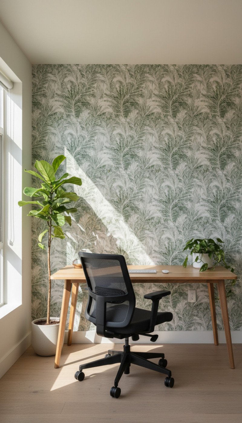 A home office with a feature wall covered in a calming, fern-like fractal pattern wallpaper.