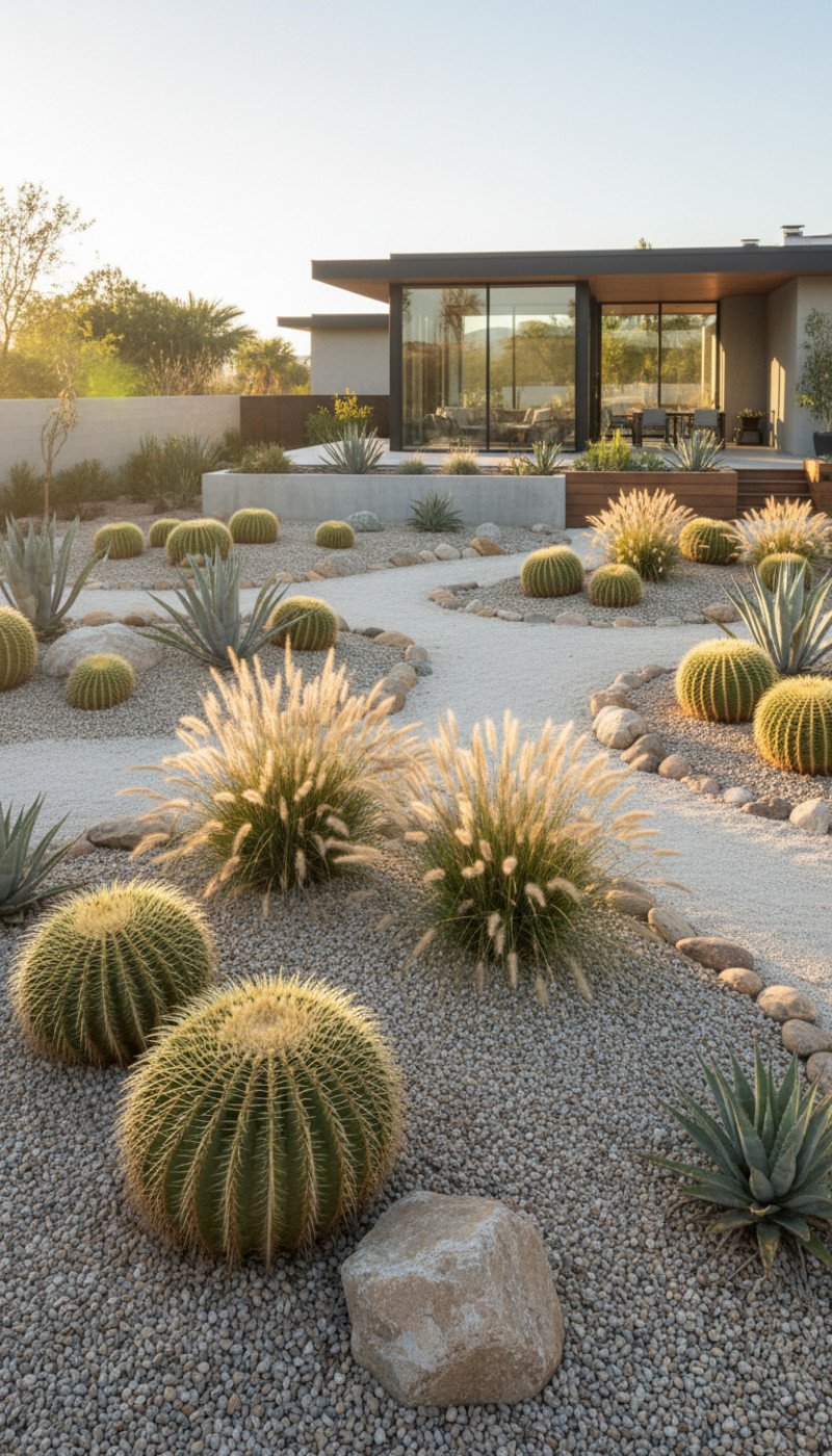 A modern gravel garden with drought-tolerant plants and clean lines, showcasing water-wise landscaping.