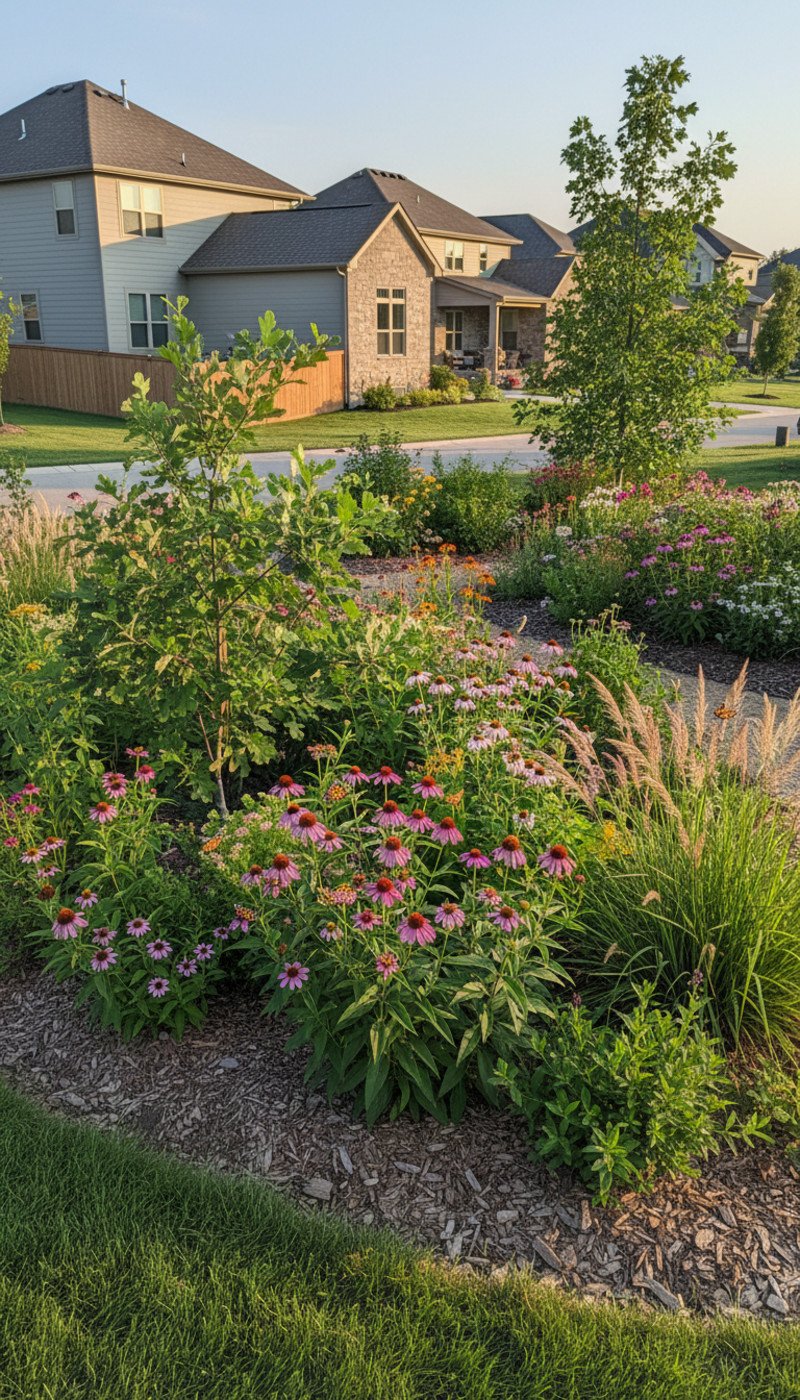 A vibrant garden filled with keystone plants like oak, cherry, and goldenrod, teeming with butterflies and birds.