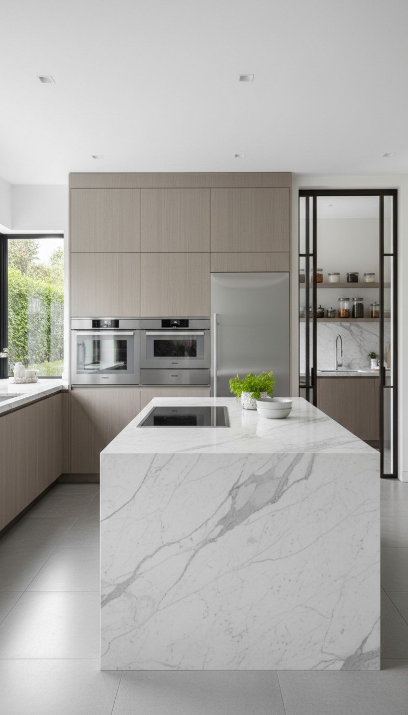 A well-organized kitchen scullery with open shelving, a deep sink, and counter space for meal prep.