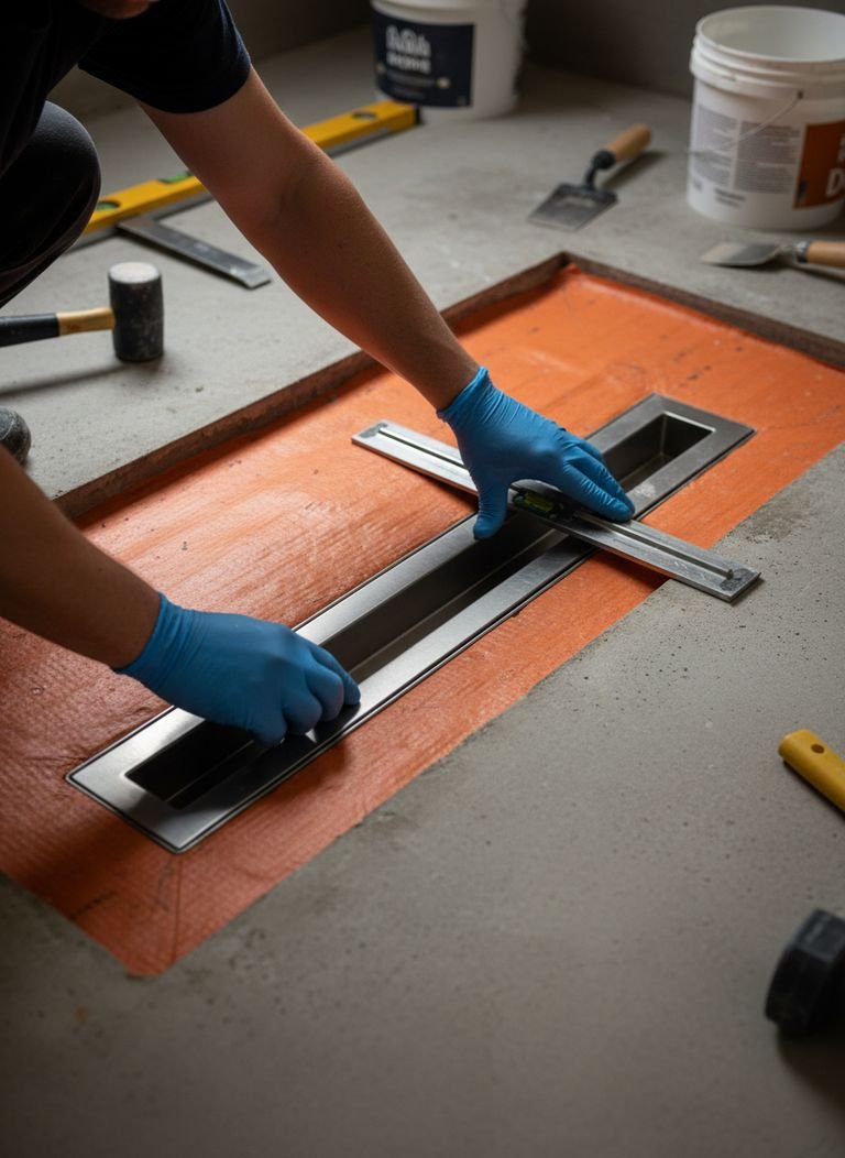 Close-up of a linear drain installation in a zero-entry wet room, showing the single-plane slope.