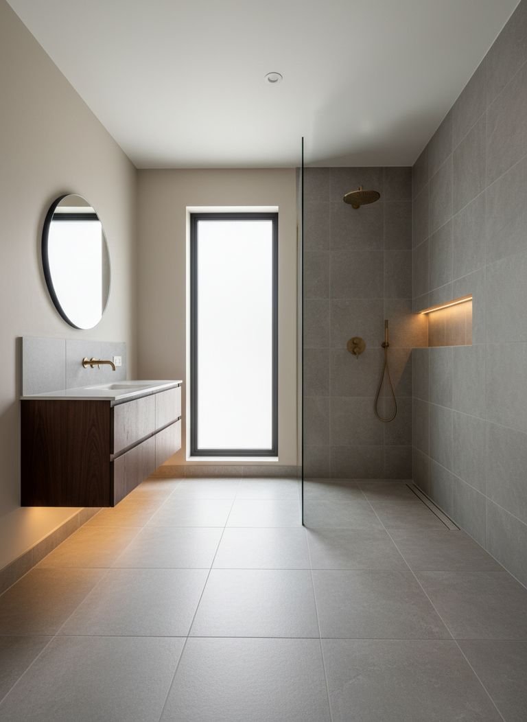 A professional installer applying waterproofing membrane in a wet room before tiling.