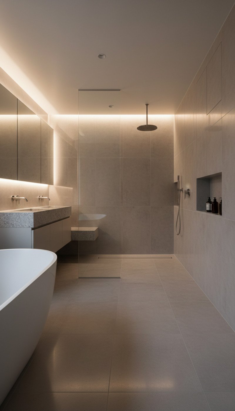 A luxurious, minimalist zero-entry wet room with a linear drain and large format tiles.