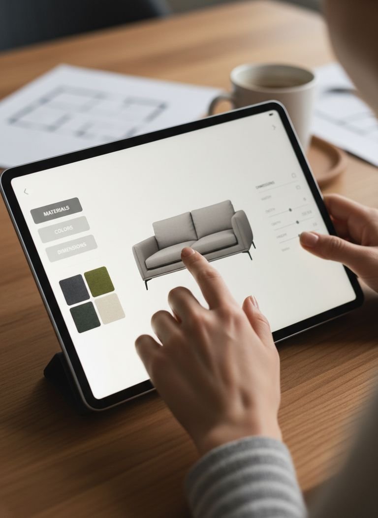 Custom Furniture Online Design: 5 Proven Ways To Ensure A Perfect Fit 3 Close-up of a 3D furniture builder interface on a laptop, showing material and dimension choices for a custom wardrobe.