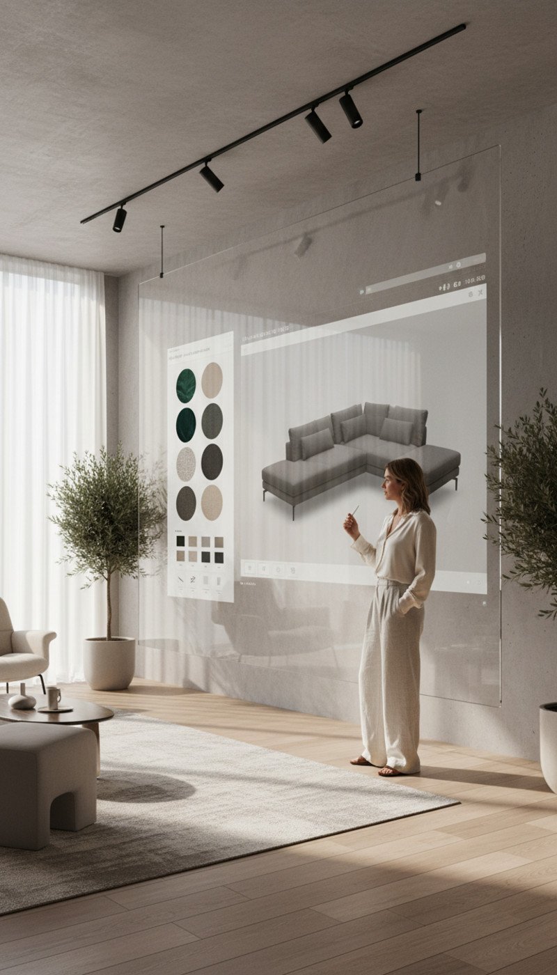 Custom Furniture Online Design: 5 Proven Ways To Ensure A Perfect Fit 2 A designer using a tablet to configure a custom sofa in a modern living room, showcasing the custom furniture online design process.