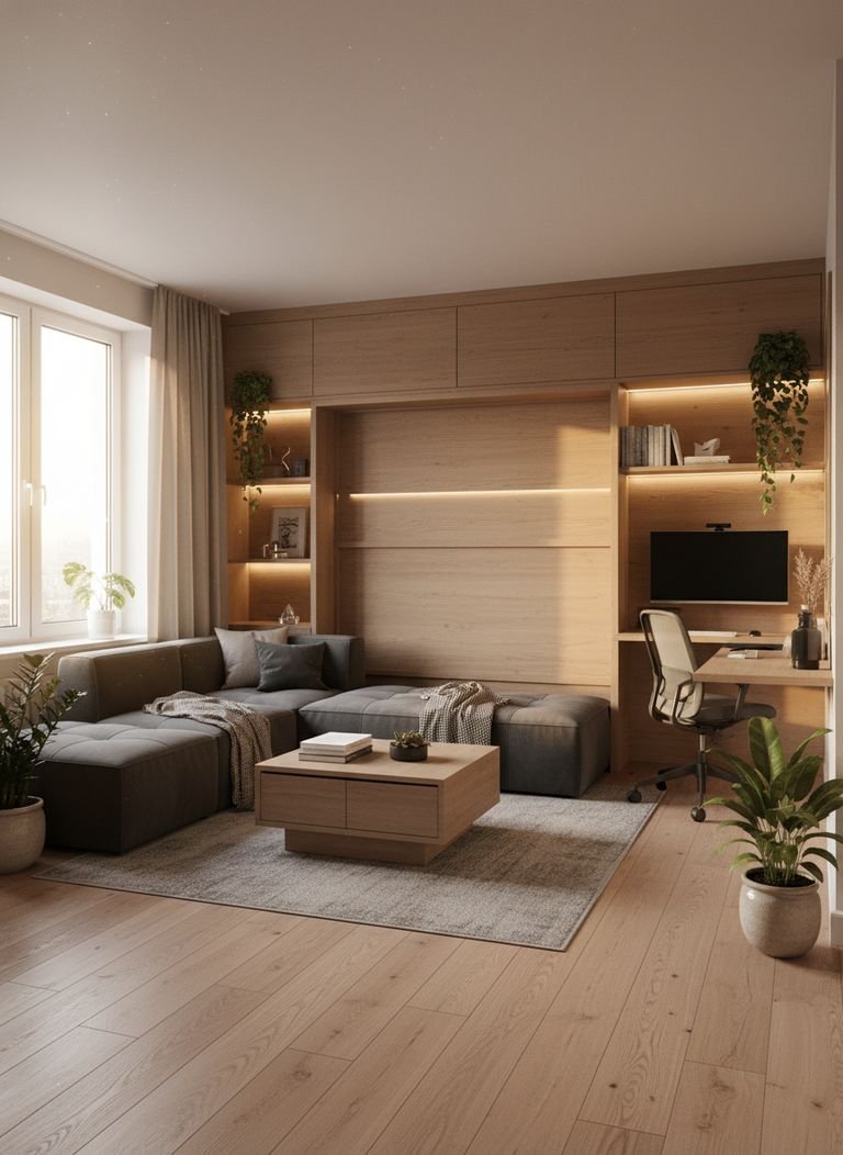 A beautifully styled small apartment showcasing how multifunctional furniture integrates seamlessly into the decor.