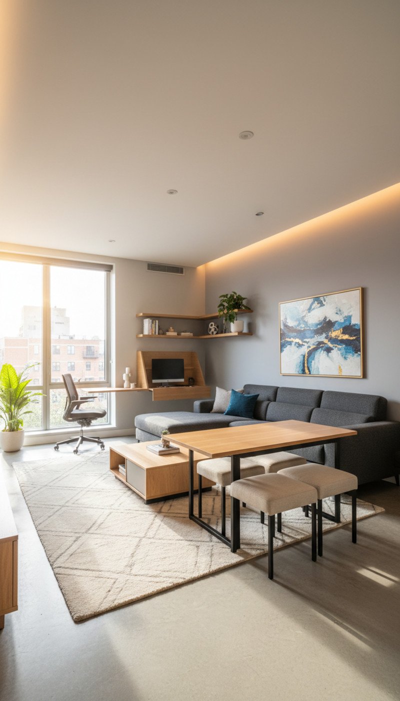 A stylish, compact living room featuring a multifunctional sofa and a wall-mounted desk, demonstrating space saving furniture for small apartments.